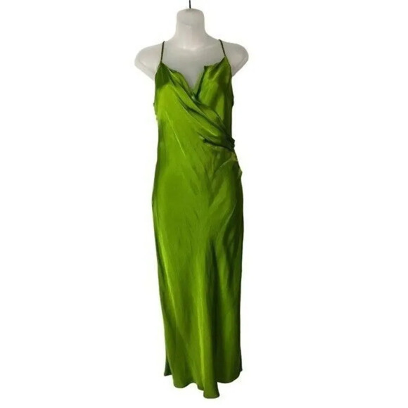 Zara Lime Green Satin Drape Front Slip Midi Dress M - Picture 1 of 7